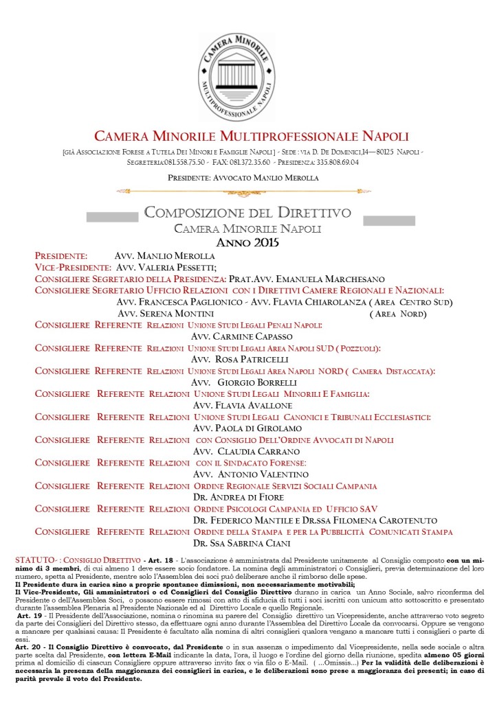 COMPOSIZIONE DIRETTIVO ANNO 2015 CAMERA MINORILE NAPOLI